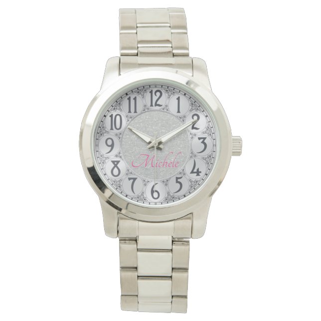 Glitter Silver Monogram Horloge (Voorkant)