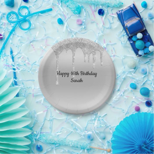 Glitter Silver, speciaal gepersonaliseerde verjaar Papieren Bordje (Feest)