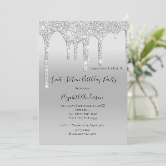 Glitter Silver Sweet Sixteen Birthday uitdrogen Kaart (Staand voorkant)