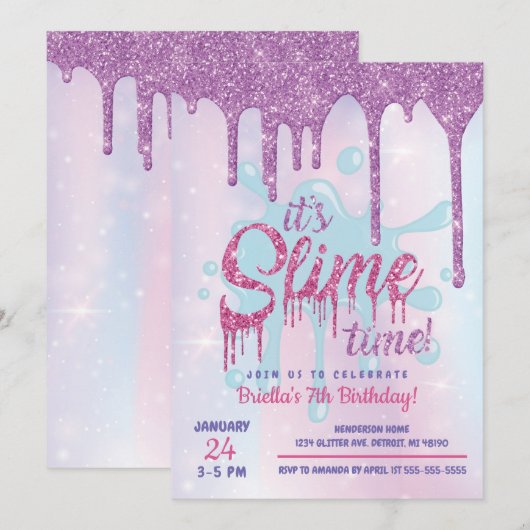 Glitter Slime Feest Uitnodiging (Voorkant / Achterkant)