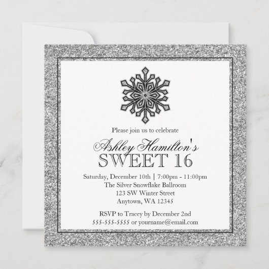 Glitter Snowflake Silver Sweet 16 Winter Kaart (Voorkant)