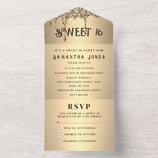 Glitter Sparkle Modern Elegant Sweet 16 All In One Uitnodiging (Binnen)