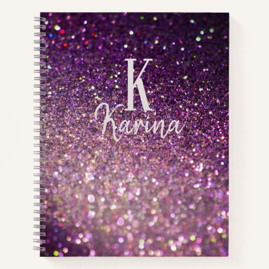 Glitter sparkle monogram script naam paars recept notitieboek (Voorkant)