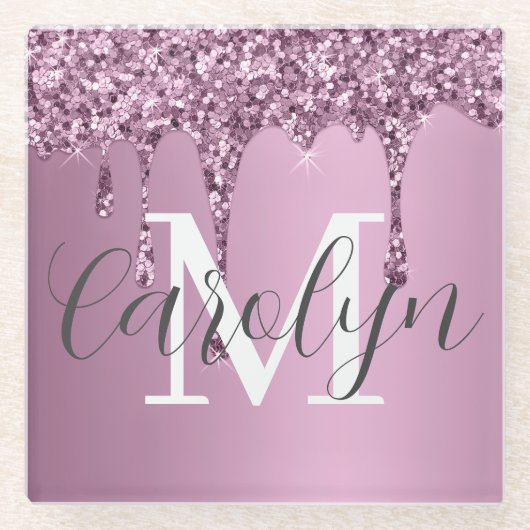 Glitter Sparkle Roos Blush Girly Pink Naam Glazen Onderzetter (Voorkant)