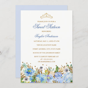 Glitter Sparkling Blue Floral Sweet Sixteen Uitnod Kaart