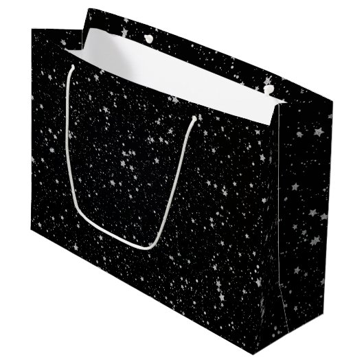 Glitter Stars2 - Silver Black Large Cadeauzakje (Voorkant Gekanteld)