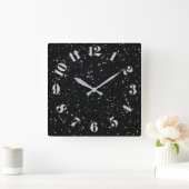 Glitter Stars2 - Silver Black Vierkante Klok (Huis)