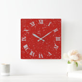 Glitter Stars - Silver Red Vierkante Klok (Huis)