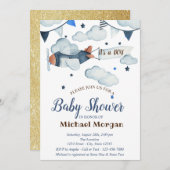 Glitter, sterren, wolken, Baby shower van vliegtui Kaart (Voorkant / Achterkant)