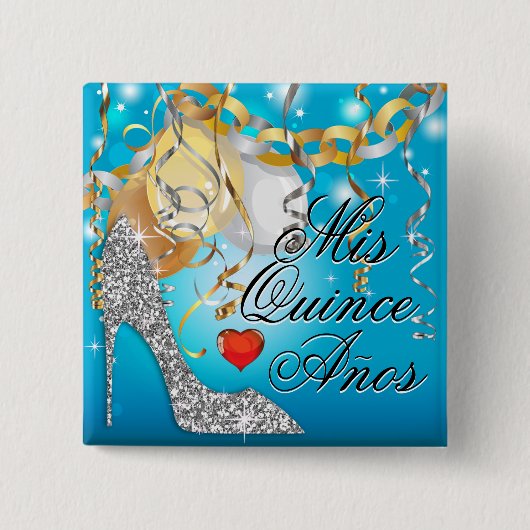 Glitter Stiletto Celebration Quinceañera blue Vierkante Button 5,1 Cm (Voorkant)