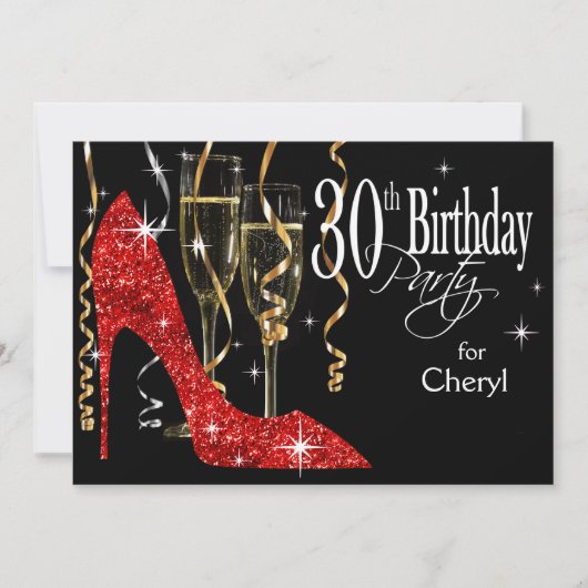 Glitter Stiletto Champagne 30th Birthday Red Kaart (Voorkant)