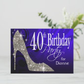 Glitter Stiletto Zebra 40th Birthday blue Silver Kaart (Staand voorkant)