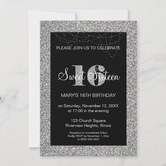 Glitter Sweet 16 Birthday Invitation Kaart (Voorkant)