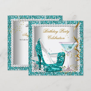 Glitter Teal Blauwe Hoge Hakken Gouden Martini 2 Kaart