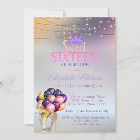 Glitter Tiara, Coctail, Silver Sweet 16 Party Kaart (Voorkant)