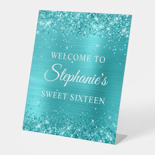 Glitter Turquoise Blue Folie Sweet Sixteen Welkom Reclamebord Met Voetstuk (Voorkant)