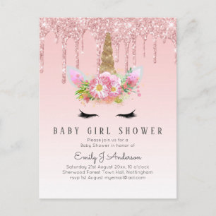 GLITTER UNICORN Baby GIRL Shower Pink Gold Briefkaart