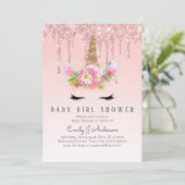 GLITTER UNICORN Baby GIRL Shower Pink Gold Kaart (Staand voorkant)