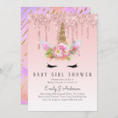 GLITTER UNICORN Baby GIRL Shower Pink Gold Kaart (Voorkant / Achterkant)