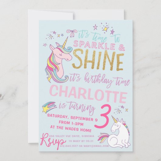 Glitter Unicorn Birthday Uitnodiging (Voorkant)