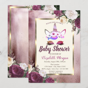 Glitter Unicorn, Bokeh, Burgundy Floral Baby showe Kaart
