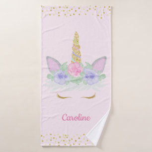Glitter Unicorn Face Pink Gold Girls op persoonlij Badhanddoek