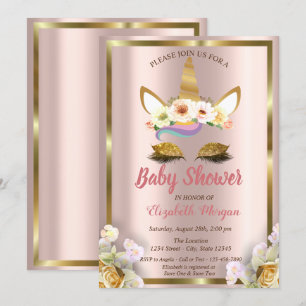 Glitter Unicorn Floral Crown Baby shower Invi Kaart