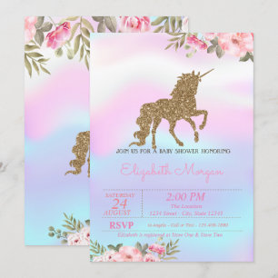 Glitter Unicorn Floral Holographic Baby shower Kaart