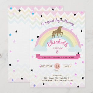 Glitter Unicorn, Rainbow Stars Birthday Uitnodigin Kaart