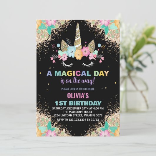 Glitter Unicorn Verjaardag Uitnodigingen (Staand voorkant)