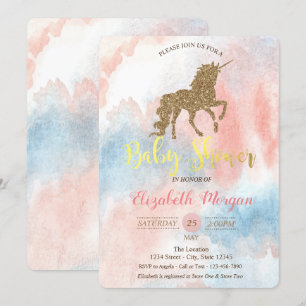 Glitter Unicorn, Waterverf Baby shower Uitnodiging