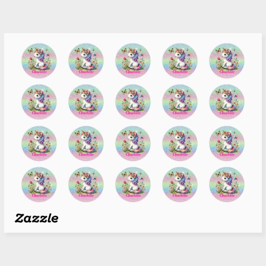 Glitter unicorn weide wilde bloemen ronde sticker (Vel)