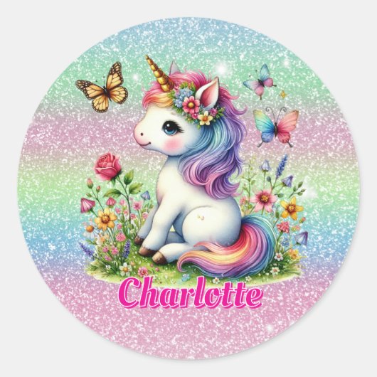 Glitter unicorn weide wilde bloemen ronde sticker (Voorkant)