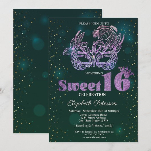 Glitter Violet Masque Green Sweet 16 Kaart (Voorkant / Achterkant)