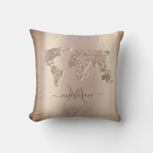 Glitter Wereldkaart Reis Monogram Kussen