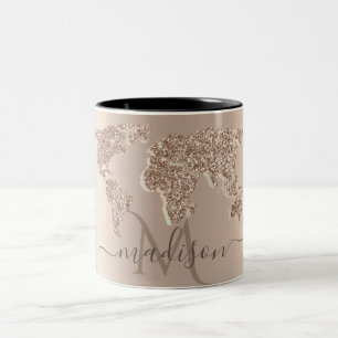 Glitter Wereldkaart Reis Monogram Tweekleurige Koffiemok