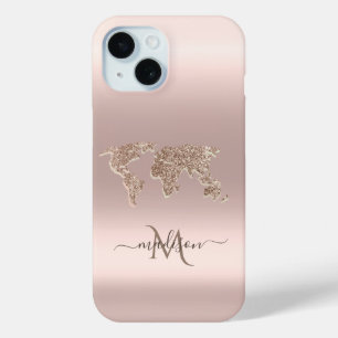 Glitter Wereldkaart Reis Roze Goud Monogram