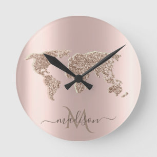 Glitter Wereldkaart Reis Roze Goud Monogram Ronde Klok