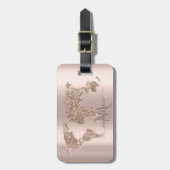 Glitter Wereldkaart Reizen Roos Goud Monogram Bagagelabel (Voorkant verticaal)