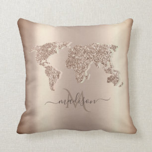 Glitter Wereldkaart Travel Monogram Kussen