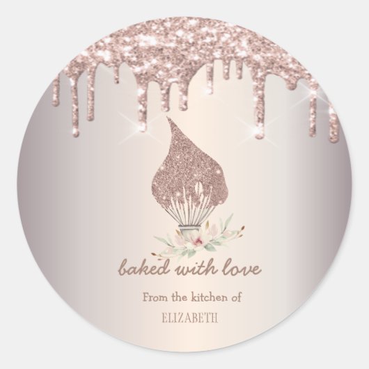 Glitter Whisk Rose Gold Glitter Drips Bakery Ronde Sticker (Voorkant)