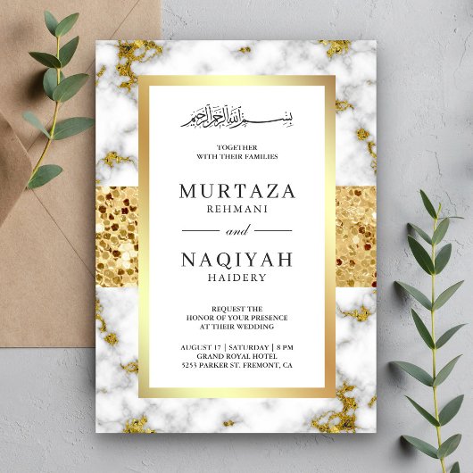 Glitter White Grey Marble Muslim Wedding Kaart