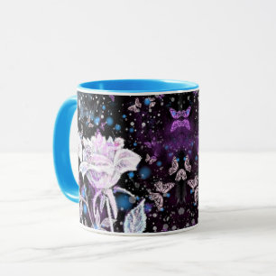 Glitter White Rose en Butterflies Coffee Mok