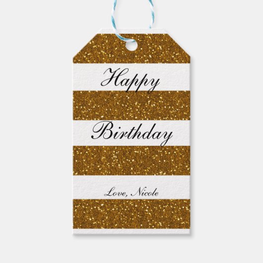 Glitter & White Stripes Chic Party Gift Label Cadeaulabel (Voorkant)