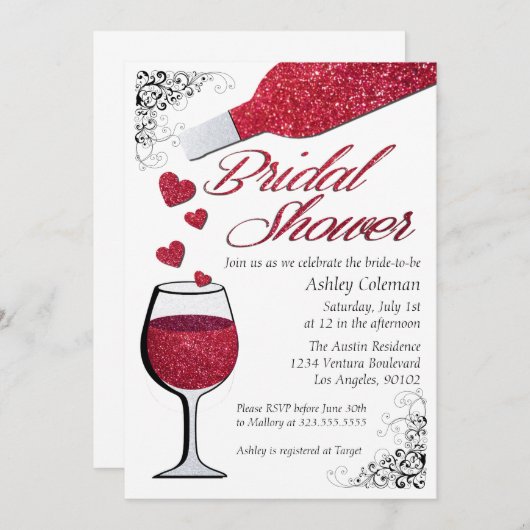 Glitter Wijn Bruids Douche Uitnodiging (Voorkant / Achterkant)