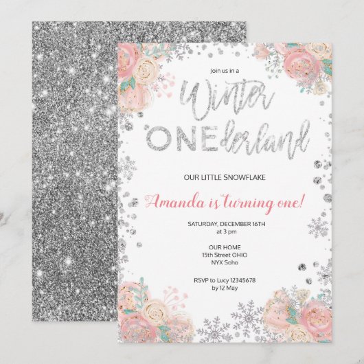 Glitter Winter ONEderland Sneeuw Verjaardag Uitnod Kaart (Voorkant / Achterkant)