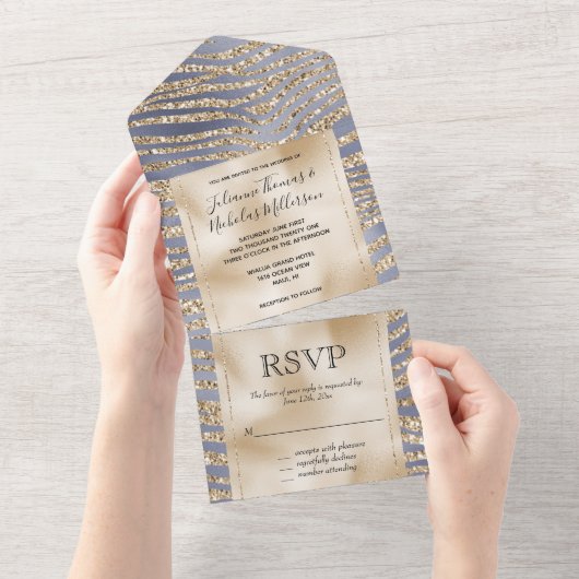 Glitter-zebra, gouden Paarse luxe afdrukken All In One Uitnodiging (Afscheurbaar)