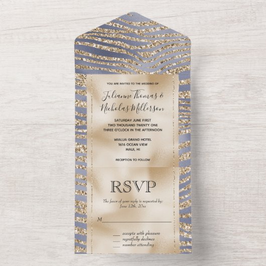 Glitter-zebra, gouden Paarse luxe afdrukken All In One Uitnodiging (Binnen)