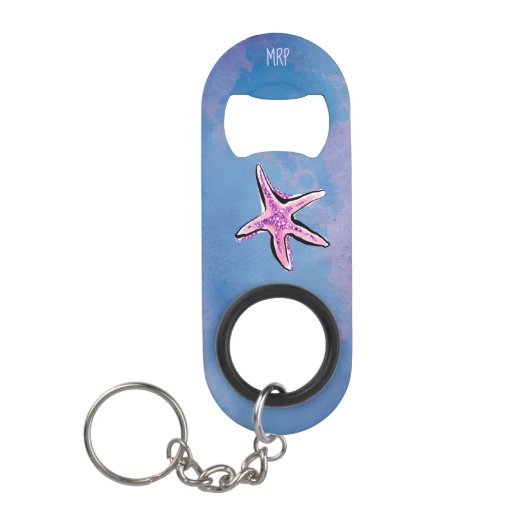 *~* Glitter Zee Shell Star Blue Waterverf Mini Flessenopener (Voorkant)