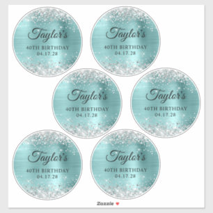 Glitter Zilver & Turquoise 40ste Verjaardag 5" Cir Sticker
